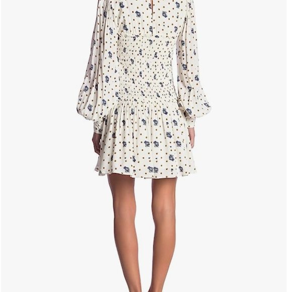 FREE PEOPLE ‘Two Faces’ White Floral Print Smocked Mini Dress Balloon Sleeve - Picture 7 of 11